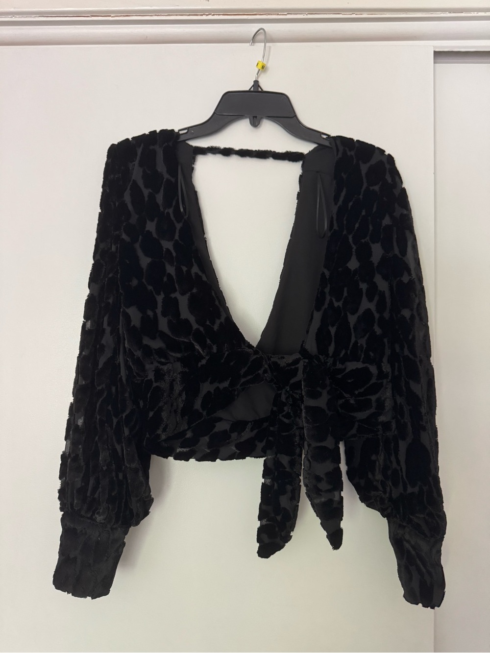 Bardot Black Velvet Tie-Front Blouse with Puff Sleeves